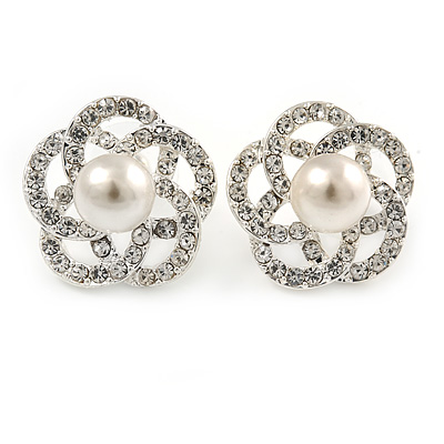 Clear Crystal White Faux Glass Pearl Floral Stud Earrings In Silver Tone - 20mm D - main view
