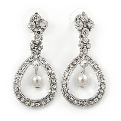 Bridal/ Prom/ Wedding Clear Crystal Open Teardrop Earrings In Rhodium Plating Metal - 40mm L - main view