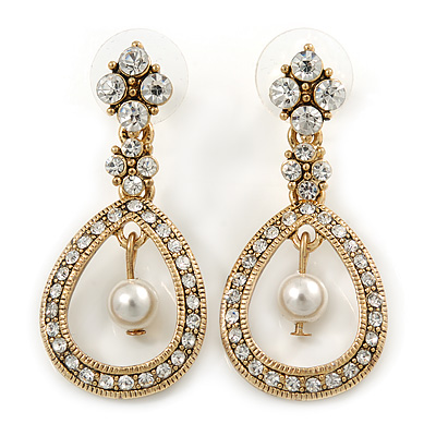 Bridal/ Prom/ Wedding Clear Crystal Open Teardrop Earrings In Gold Plating Metal - 40mm L - main view