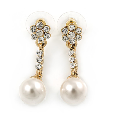 Delicate Crystal Floral, Faux Pearl Drop Earrings In Gold Tone - 35mm L - main view