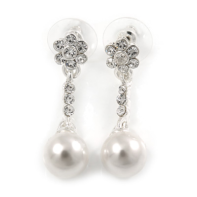 Delicate Crystal Floral, Faux Pearl Drop Earrings In Silver Tone - 35mm L - main view