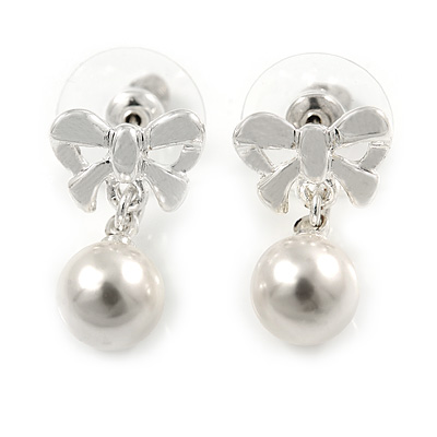 Delicated Faux Pearl Bow Drop Earrings In Silver Tone - 20mm L - main view