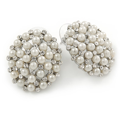 Rhodium Plated White Faux Glass Pearl, Clear Crystal Oval Stud Earrings - 25mm L - main view