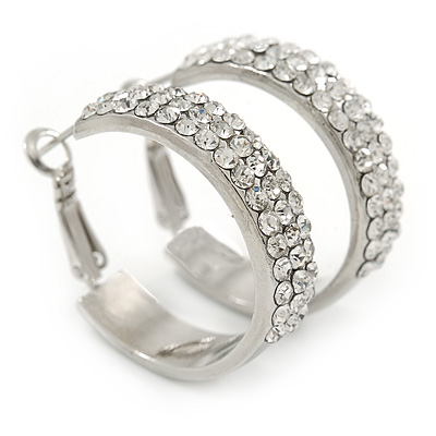 Wide Three-Row Clear Austrian Crystal Hoop Earrings In Rhodium Plated Metal - Medium - 30mm D - main view