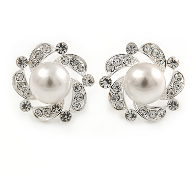 20mm Clear Crystal White Simulated Glass Pearl Flower Stud Earrings In Silver Tone Metal - main view