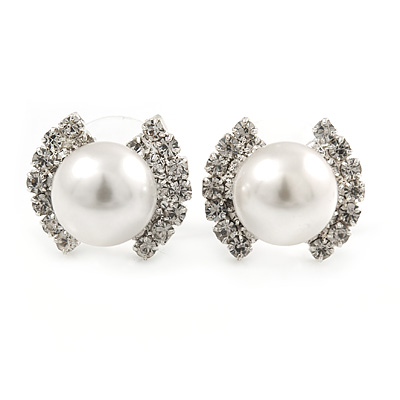 15mm White Simulated Glass Pearl Crystal Bow Stud Earrings In Silver Tone Metal - main view