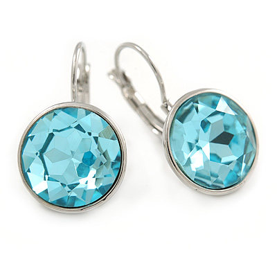 Aqua Blue Round Glass Drop Earrings In Rhodium Plating with Leverback/ French Hook Closure - 27mm L - main view