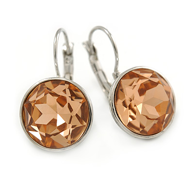 Light Peach Round Glass Drop Earrings In Rhodium Plating with Leverback/ French Hook Closure - 27mm L - main view
