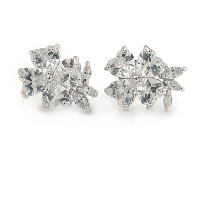 14mm Small Clear CZ Flower Stud Earrings In Rhodium Plating - main view