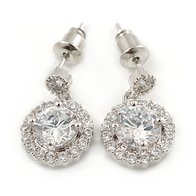 Small Round Clear Cz Drop Earrings In Rhodium Plating - 17mm L