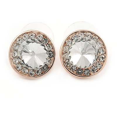 15mm Clear Glass Button Stund Earrings In Rose Gold Tone Metal - main view