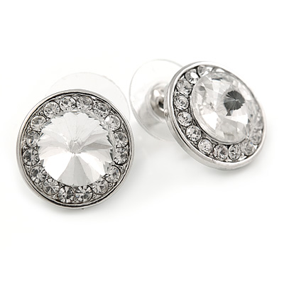 15mm Clear Glass Button Stund Earrings In Rhodium Plating - main view