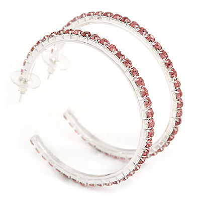 Pink Crystal Hoop Earrings In Rhodium Plating - 60mm D