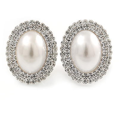 27mm Large Crystal, Simulated Pearl Oval Shape Clip On Stud Earrings In Rhodium Plating - main view