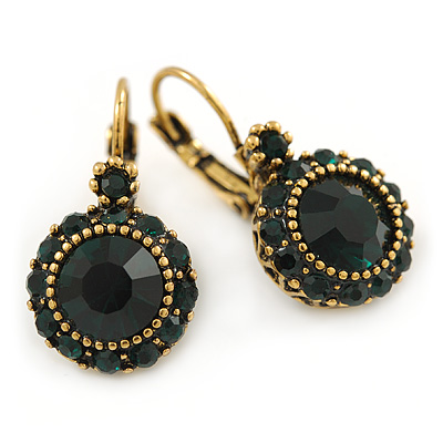 Vintage Inspired Dark Green Crystal Round Drop Leverback/ French Hook Earrings In Antique Gold Tone Metal - 37mm L - main view