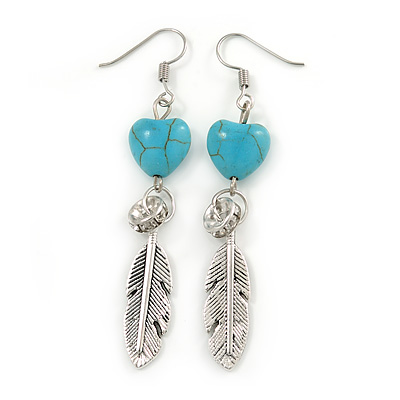 Silver Tone Turquoise Heart Feather Drop Earrings - 65mm L - main view