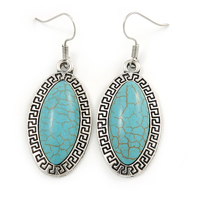 Silver Tone Oval Turquoise Style Stone Drop Earrings - 50mm L - main view
