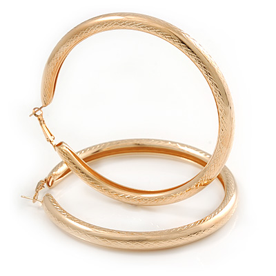 90mm Oversized Etched Gold Tone Thick Hoop Earrings - main view