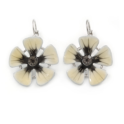 Pale Yellow/ Dark Grey Enamel Floral Drop Earrings In Rhodium Plated Alloy - 33mm L - main view