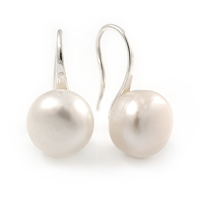 10mm Lustrous White Off-Round Simulated Pearl Earrings In Silver Tone - 20mm L