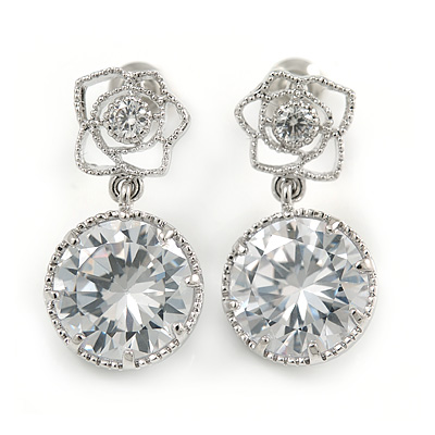 Stunning Round Cut Clear CZ Floral Drop Earrings In Rhodium Plated Alloy - 20mm L - main view