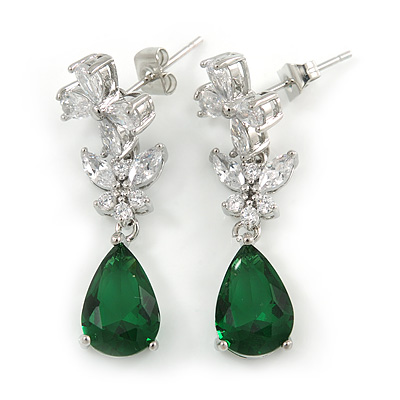 Delicate Clear/ Emerald Green Cz Teardrop Earrings In Rhodium Plated Alloy - 35mm L - main view