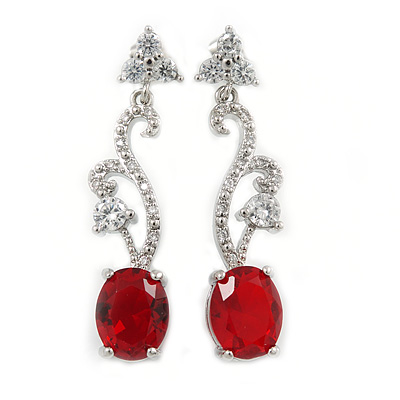 Delicate Clear/ Ruby Red Cz Oval Drop Earrings In Rhodium Plated Alloy - 35mm L - main view