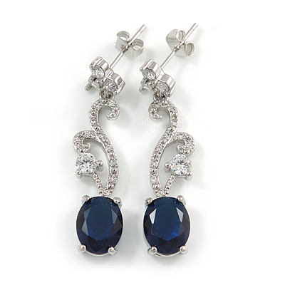 Delicate Clear/ Navy Blue Cz Oval Drop Earrings In Rhodium Plated Alloy - 35mm L - main view
