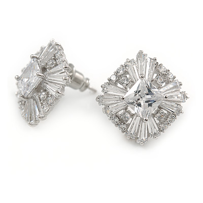 Statement Clear Cz Square Stud Earrings In Rhodium Plated Alloy - 17mm - main view