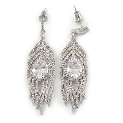 Statement Clear CZ Peacock Feather Drop Earrings In Rhodium Plating - 55mm L