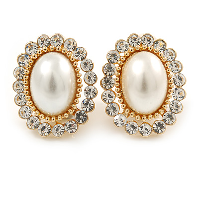 Crystal, Faux Pearl Oval Shape Clip On Stud Earrings In Gold Plating - 22mm L