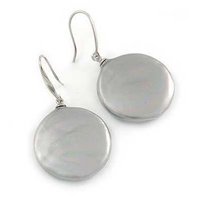 Light Grey Coin Shape Shell Drop Earrings In Silver Tone - 35mm L - main view