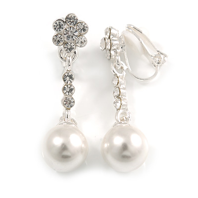 White Faux Glass Pearl Crystal Floral Drop Clip On Earrings In Rhodium Plated Alloy - 35mm L - main view