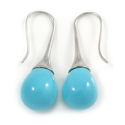 Light Blue Acrylic Teardrop Earrings In Silver Tone Metal - 35mm L - main view