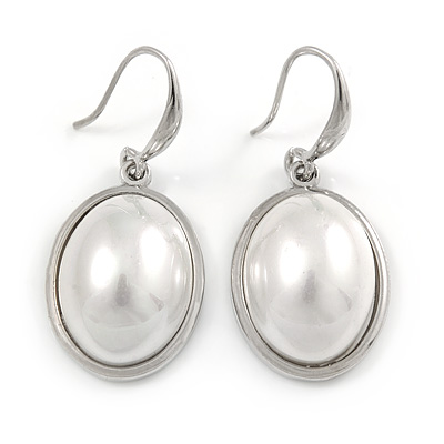 Oval Dome Faux Glass Pearl Drop Earrings In Rhodium Plated Alloy - 35mm L