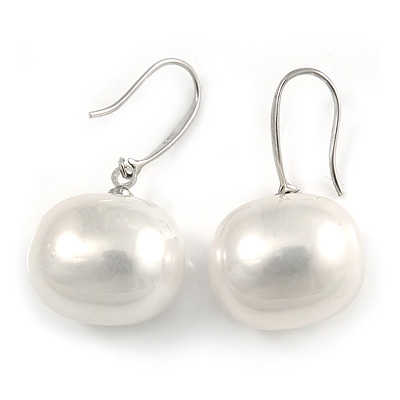 15mm Bridal/ Prom Off Round White Faux Pearl Drop Earrings 925 Sterling Silver - 30mm L - main view