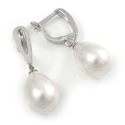 Classic White Polished Teardrop Shape Pearl Style Earrings In Rhodium Plated Alloy - 33mm L - main view