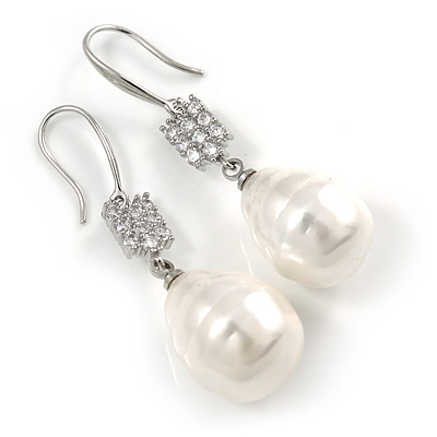 Bridal/ Prom/ Wedding White Freshwater Pearl Clear Crystal Teardrop Earrings 925 Sterling Silver - 40mm L