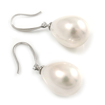 Bridal/ Prom/ Wedding White Faux Glass Pearl Teardrop Earrings 925 Sterling Silver - 30mm L - main view