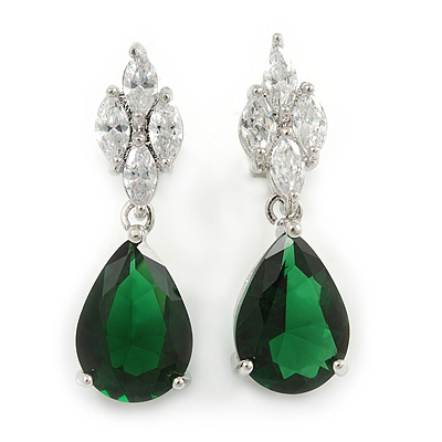 Statement Clear/ Emerald Green Cz Teardrop Earrings In Rhodium Plated Alloy - 30mm L - main view