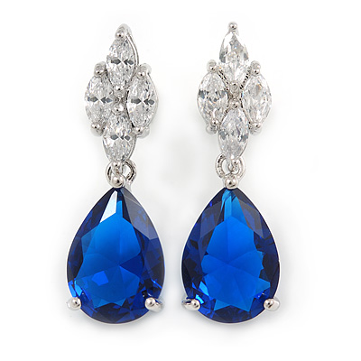 Statement Clear/ Sapphire Blue Cz Teardrop Earrings In Rhodium Plated Alloy - 30mm L - main view