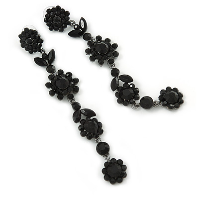 Long Black Crystal Floral Chandelier Earrings In Gun Tone Metal - 11cm L - main view