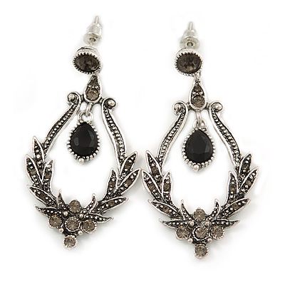Vintage Inspired Chandelier Black/ Grey Crystal Textured Earrings In Aged Silver Tone - 55mm L - main view