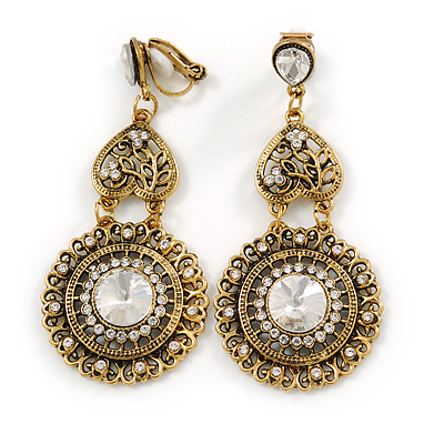 Vintage Inspired Chandelier Clear Crystal Filigree Clip On Earrings In Aged Gold Tone - 65mm L - main view