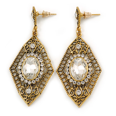 Art Deco Clear Crystal Drop Earrings In Gold Tone Metal - 65mm L