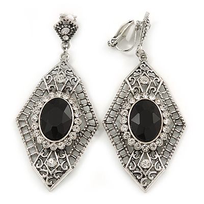 Art Deco Clear/ Black Crystal Drop Clip On Earrings In Silver Tone Metal - 65mm L - main view