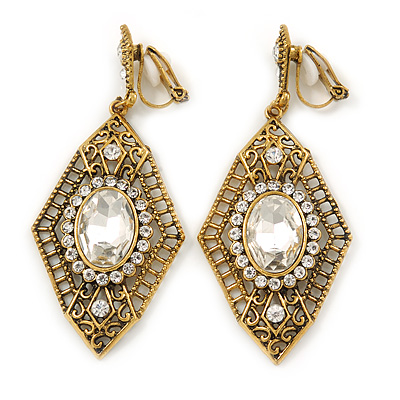Art Deco Clear Crystal Drop Clip On Earrings In Aged Gold Tone Metal - 65mm L - main view