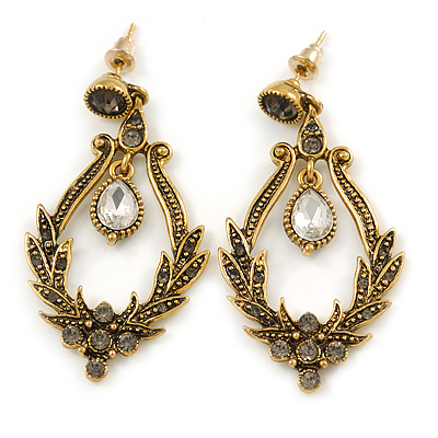 Vintage Inspired Clear/ Grey Crystal Textured Chandelier Earrings In Aged Gold Tone - 55mm L - main view