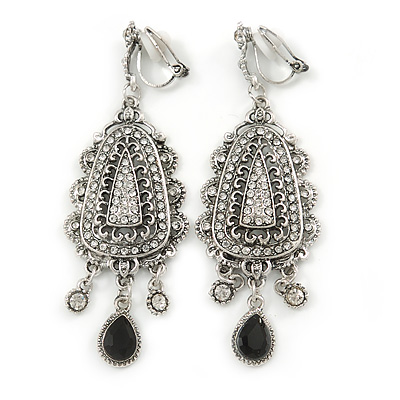 Vintage Inspired Chandelier Crystal Clip On Earrings In Silver Tone - 65mm L - main view