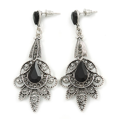 Vintage Inspired Filigree Crystal Chandelier Earrings In Aged Silver Tone - 63mm L - main view